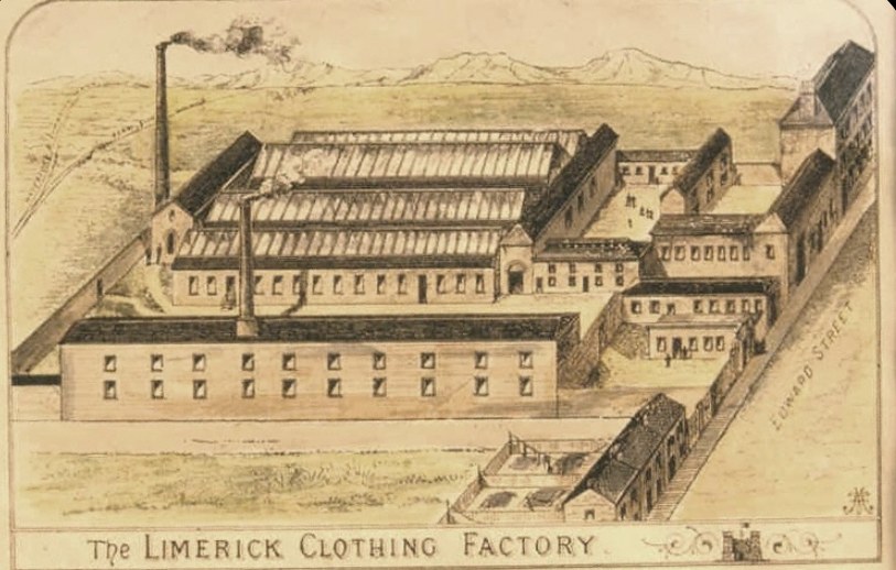 19th-century engraving of the Limerick Clothing Factory on Edward Street, Limerick, with its long sawtooth workshop roofs and chimney